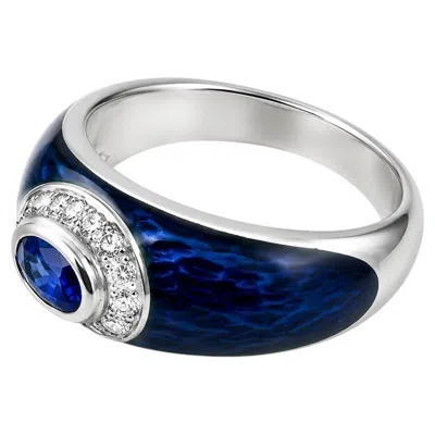 Pre-owned Hidalgo 18k White Gold  Enamel Diamond Sapphire Ring Band Authentic