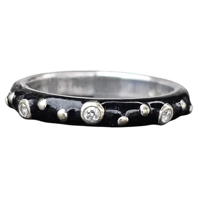 Pre-owned Hidalgo 18k White Gold Ring Band Black Enamel Bezel Set Diamond Size 6.75