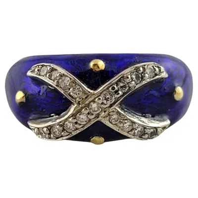 Pre-owned Hidalgo 18k Yellow Gold Blue Enamel Diamond X Ring Size 6.5 #18221
