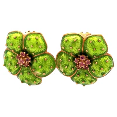 Pre-owned Hidalgo 18k Yellow Gold Green Enamel Flower Clip-on Earrings With Sapphires