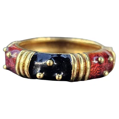 Pre-owned Hidalgo 18k Yellow Gold Ring Band Red Black Enamel Dots Beads Sz 6.5 6mm