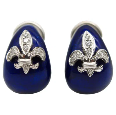 Pre-owned Hidalgo Vinatge 18k White Gold  Enamel Fleur-de-lis Diamond Earrings