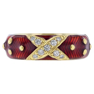 Pre-owned Hidalgo "x" Motif 18 Karat Yellow Gold Diamond Red Enamel Ring
