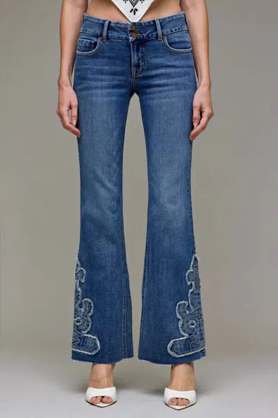 Hidden Applique Low Rise Flare Jeans In Medium-wash In Blue
