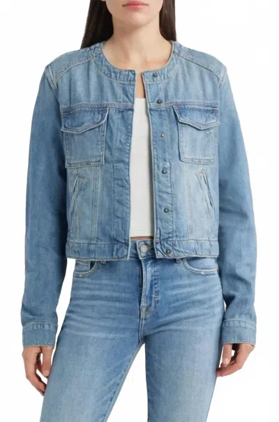 Hidden Collarless Jacket In Medium Light Denim In Blue