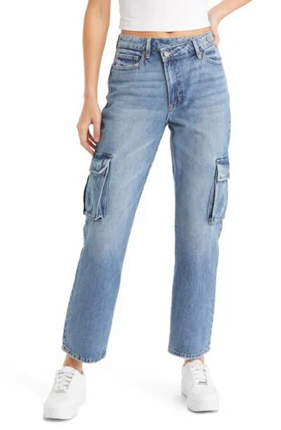 Hidden Crossover High Waist Cargo Jeans In Medium Wash In Blue