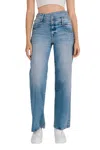 Hidden Double Cross Over Waistband Stretch Dad Jean In Meduim Light In Multi