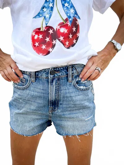 Hidden Finn High Rise Rhinestone Denim Shorts In Blue