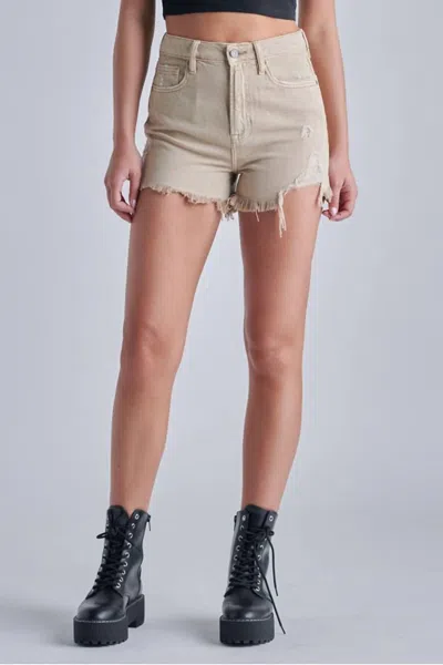 Hidden Finn Step Hem High Rise Frayed Short In Khaki In Beige