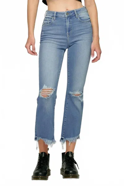 Hidden Happi Crop Flare With Frayed Uneven Hem Jeans In Medium Wash In Blue
