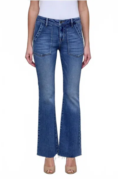 Hidden Happi Flare Jeans With Patch Pockets In Medium Blue