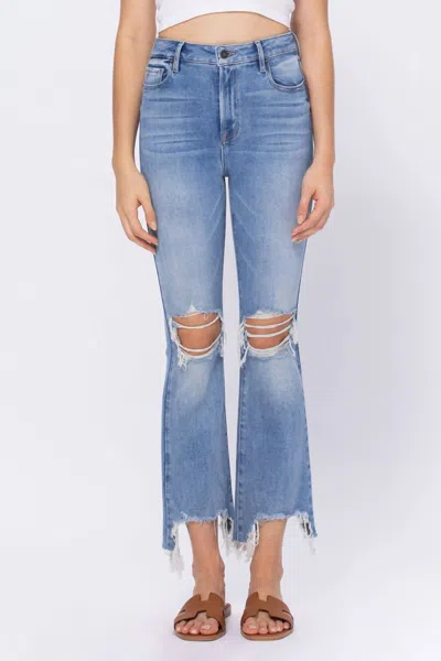 Hidden Happi High Rise Knee Distressed Frayed Cropped Flare Jeans In Medium Wash In Multi