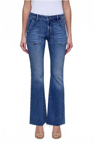 Hidden Happi Patch Pockets Flare Jeans In Medium/dark In Blue
