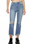Hidden Helena High Rise Cropped Flare Jeans With Uneven Hem In Medium Wash In Blue