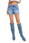 Hidden High Rise Denim Shorts With Rhinestone Side Detail In Blue In Blue