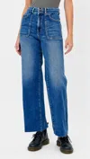 Hidden High Rise Two Button Patch Pocket Dad Jeans In Dark Wash In Blue