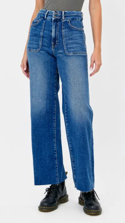 Hidden High Rise Two Button Patch Pocket Dad Jeans In Dark Wash In Blue