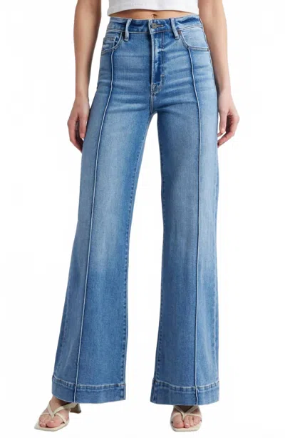 Hidden High Waist Flare Jeans In Pintucks In Blue