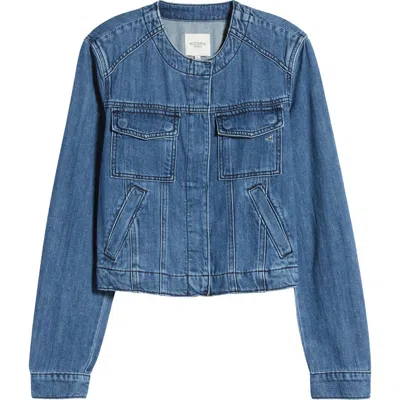 Hidden Jeans Collarless Denim Trucker Jacket In Dark Wash