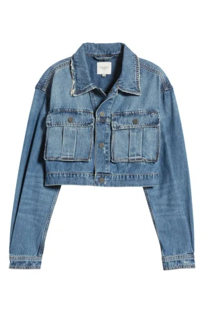 Hidden Jeans Distressed Denim Crop Cargo Jacket In Medium Wash