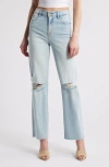 Hidden Jeans Distressed High Waist Raw Hem Wide Leg Jeans In Light Wash