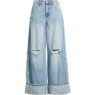 Hidden Jeans Distressted Cuff Wide Leg Jeans In Blue