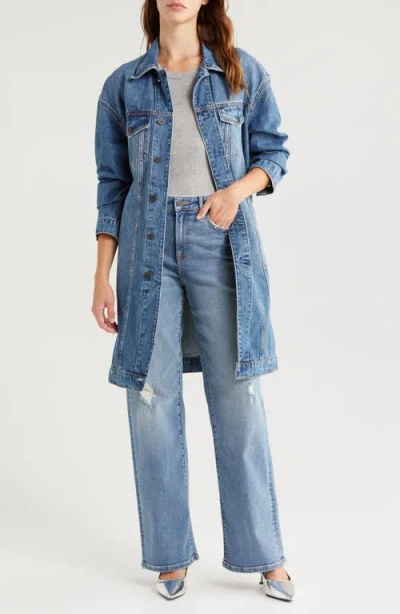 Hidden Jeans Full Length Denim Trucker Jacket In Medium Wash