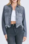 Hidden Katy Cropped Distressed Jean Jacket In Grey In Blue