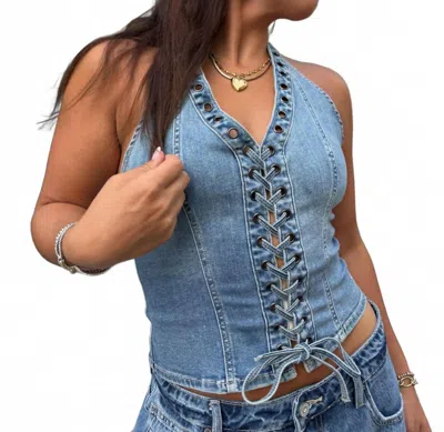 Hidden Lace Up Denim Halter Top In Blue