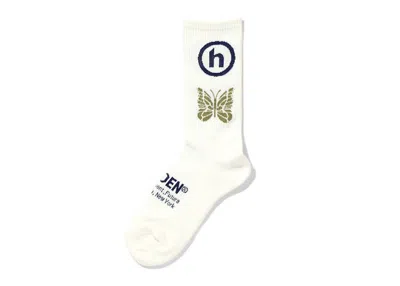 Pre-owned Hidden Ny Men's  X Needles Jacquard Socks In White Blue Khaki In Multi