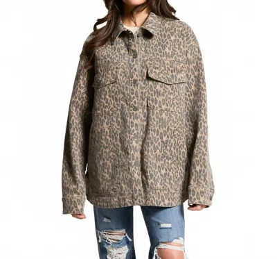 Hidden Oversized Button Down Shacket In Cheetah Print In Gray