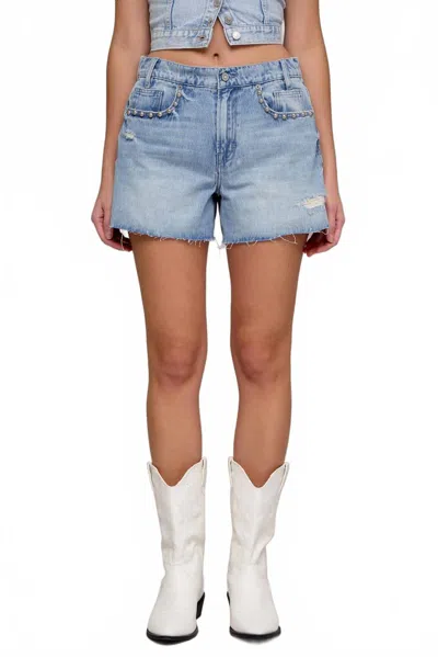 Hidden Pearl Embellished Shorts In Medium Wash In Multi