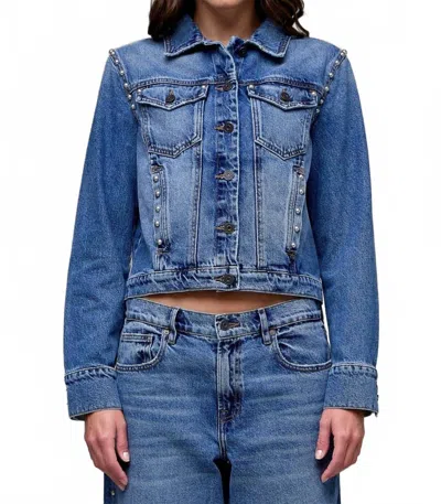 Hidden Pearl Embellished Trucker Jacket In Medium Wash In Blue