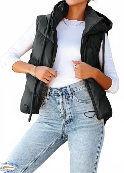 Hidden Short Hooded Down Sleeveless Vest In Black