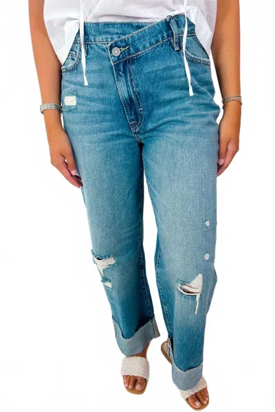 Hidden Women's Logan 30" Inseam High Waist Crossover Dad Jean In Medium Dark In Blue