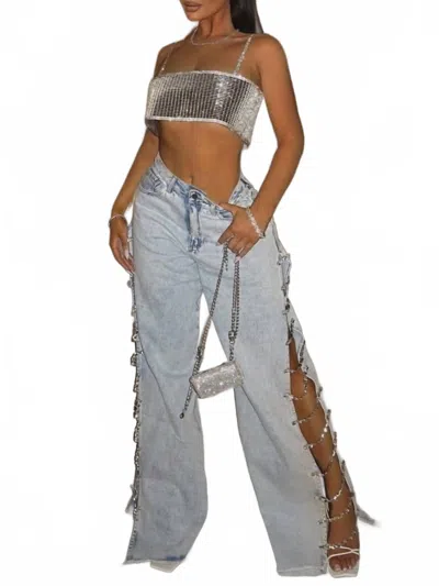 Hiddenbrand Kimberly Wide-leg Pants With Rhinestone Panels Cut-outs In Blue
