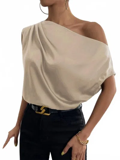 Hiddenbrand Slant Collar Pleated One Shoulder Blouse In Beige In Brown
