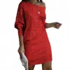 Hiddenbrand Slant Shoulder Sequin Dress In Red In Red