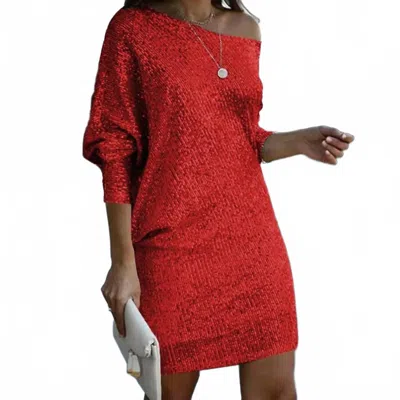 Hiddenbrand Slant Shoulder Sequin Dress In Red
