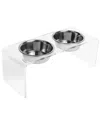 Hiddin Medium Clear Double Bowl Pet Feeder With Silver Bowls In Silver
