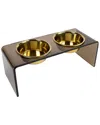 Hiddin Medium Smoke Bronze Double Bowl Pet Feeder With Gold Bowls In Gold