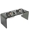 Hiddin Medium Smoke Grey Double Bowl Pet Feeder With Silver Bowls In Silver