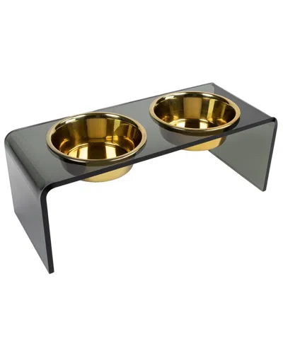 HIDDIN HIDDIN MEDIUM SMOKE GREY DOUBLE BOWL PET FEEDER WITH GOLD BOWLS