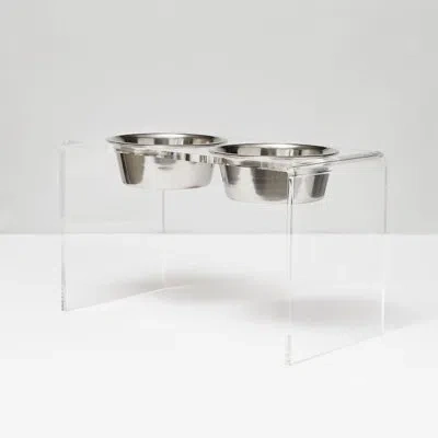 Hiddin Tall Clear Elevated Feeder With Bowls In Silver