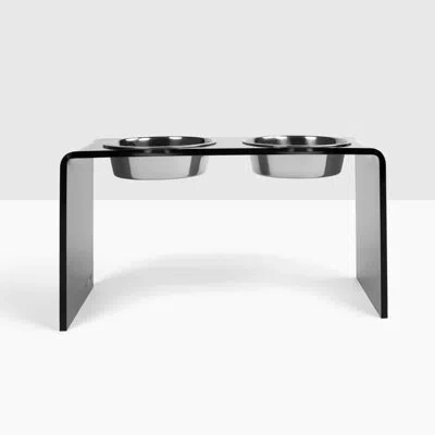 Hiddin Tall Smoke Grey Double Bowl Elevated Pet Feeder In Silver