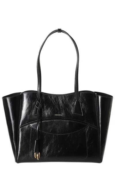 Hidesins Black Two-tone Shopper Gold Logo Leather Tote Bag