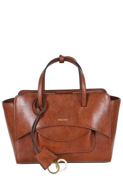 Hidesins Brown Medium Flap Gold Logo Pocket Leather Shoulder Bag