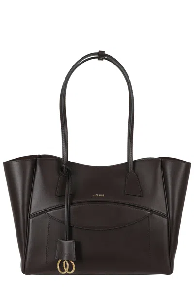 Hidesins Dark Brown Double Handle Embossed Logo Leather Tote Bag