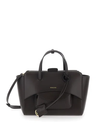 Hidesins Black Handbag With Adjustable And Removable Shoulder Strap And Logo Lettering On The Front In Leathe In Brown