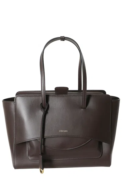 Hidesins Dark Brown Structured Flap L Gold Logo Leather Tote Bag